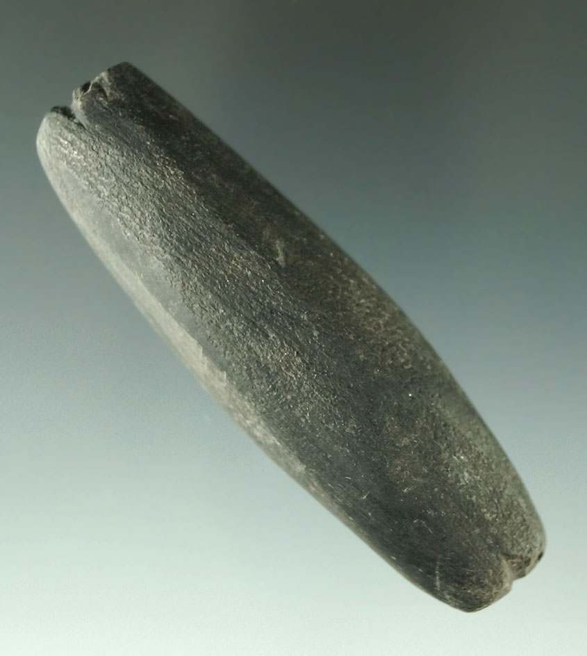 3 7/16" Tie-on Elliptical Bar Weight made from black slate - Coshocton Co., Ohio. Ex. Swinderman.