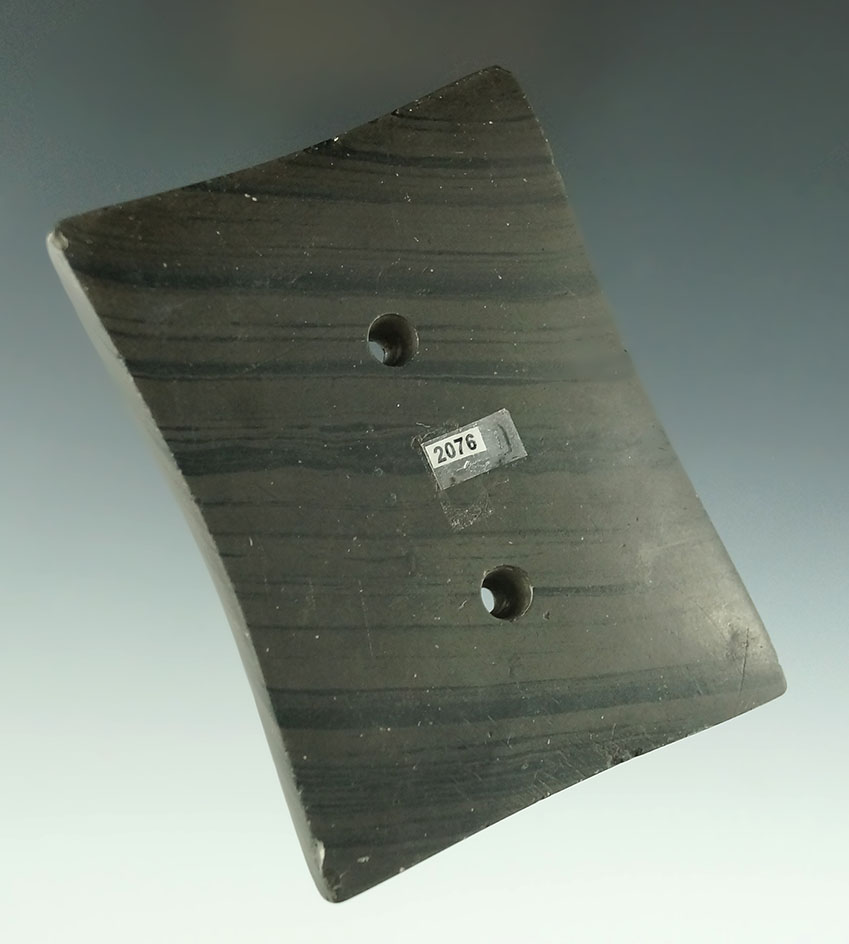 3 5/8" beautifully made and heavily patinated banded slate Quadriconcave Gorget Wood Co., Ohio.