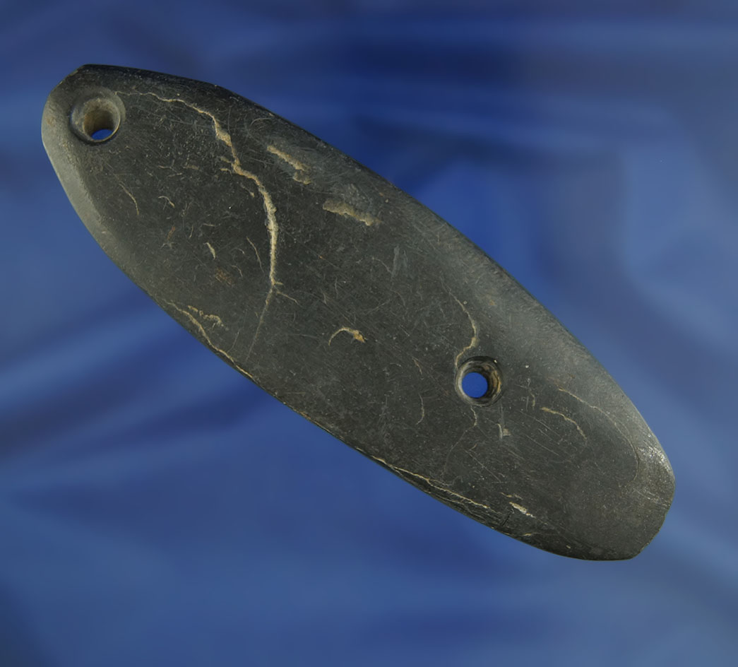 4 15/16" slate Gorget found in Ohio that is well patinated. Ex. Taylor family collection.