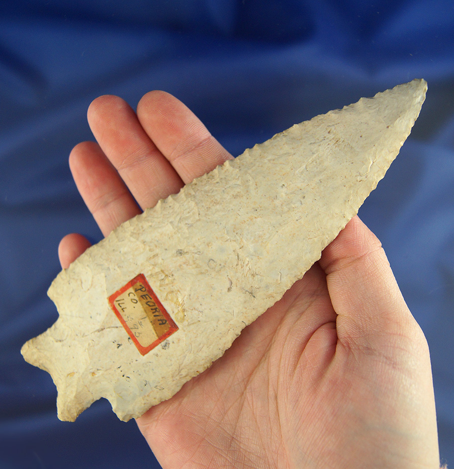 Well flaked 6" Stemmed Knife - Peoria Co.,  Illinois made from Burlington chert. Bennett COA.