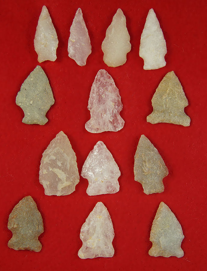 Set of 13 assorted Quartz Arrowheads found in Virginia and North Carolina, largest is 1 5/8".
