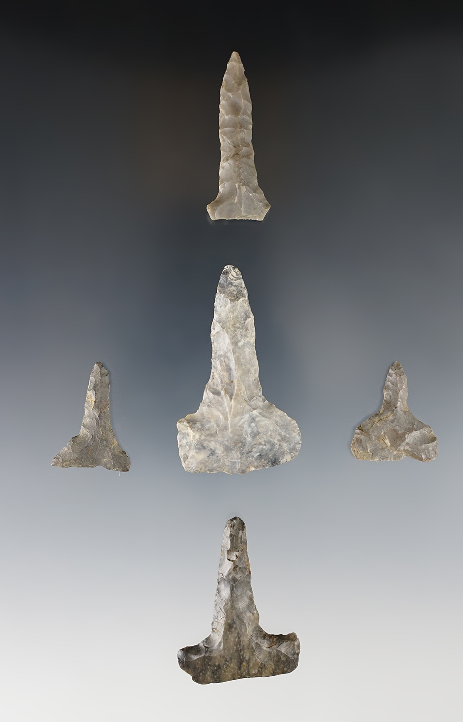 Set of 5 Ohio "T" Drills made from Coshocton Flint. The largest is 2 1/8".