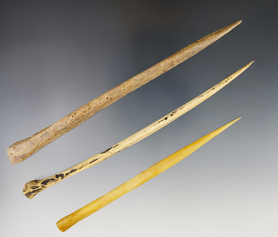 Set of 3 Bone Awls found in Colusa Co., California. All are in nice condition. Largest is 6 13/16".