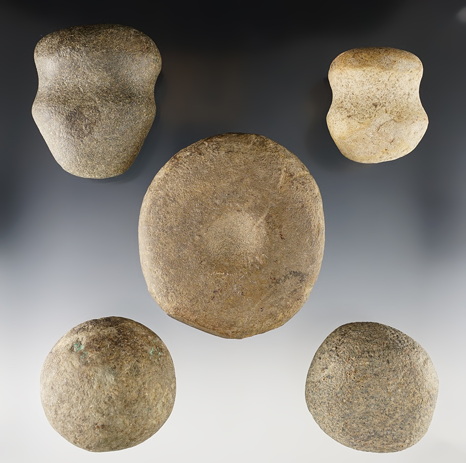 Set of 5 nice Ohio Hardstone Tools including Hammerstones and a Discoidal. Largest is 3 1/2".