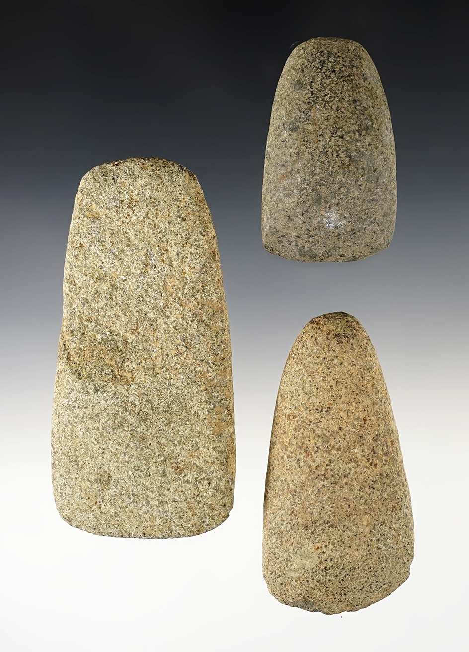 Set of 3 nice Hardstone artifacts including 2 Celts and 1 Adze. Midwestern U.S. Largest is 4 1/4".