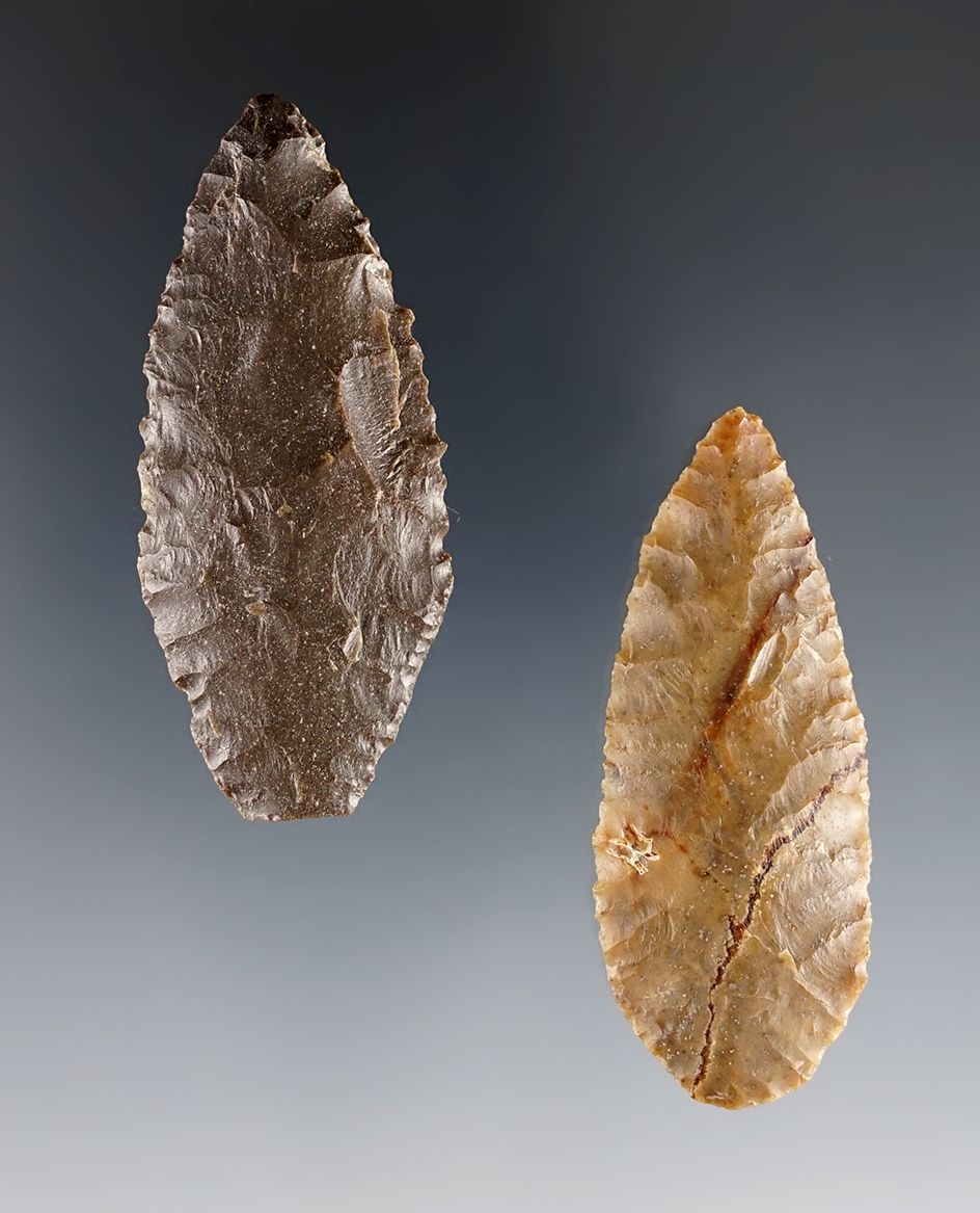Pair of well flaked Columbia River Points. Ex. Frank Wilke. The largest is 2 3/16".