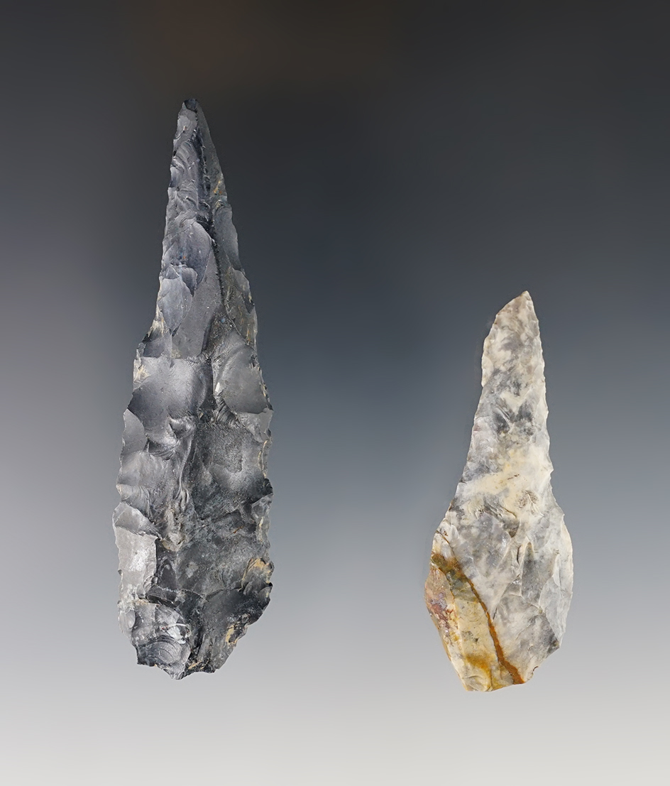 Two rare Paleo Uniface Drills. One is 3 1/2" long. Found in Crawford and Richland Counties.