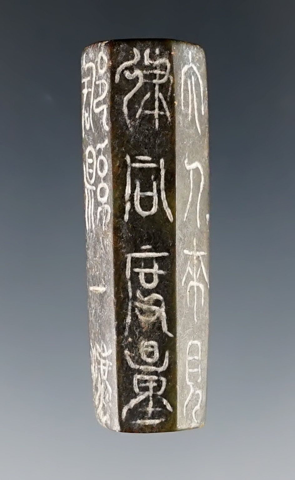 Nicely decorated 1 7/8" Hexagonal Bead found in Southeastern Asia. Ex. Clem Collins, L. L. Dees.