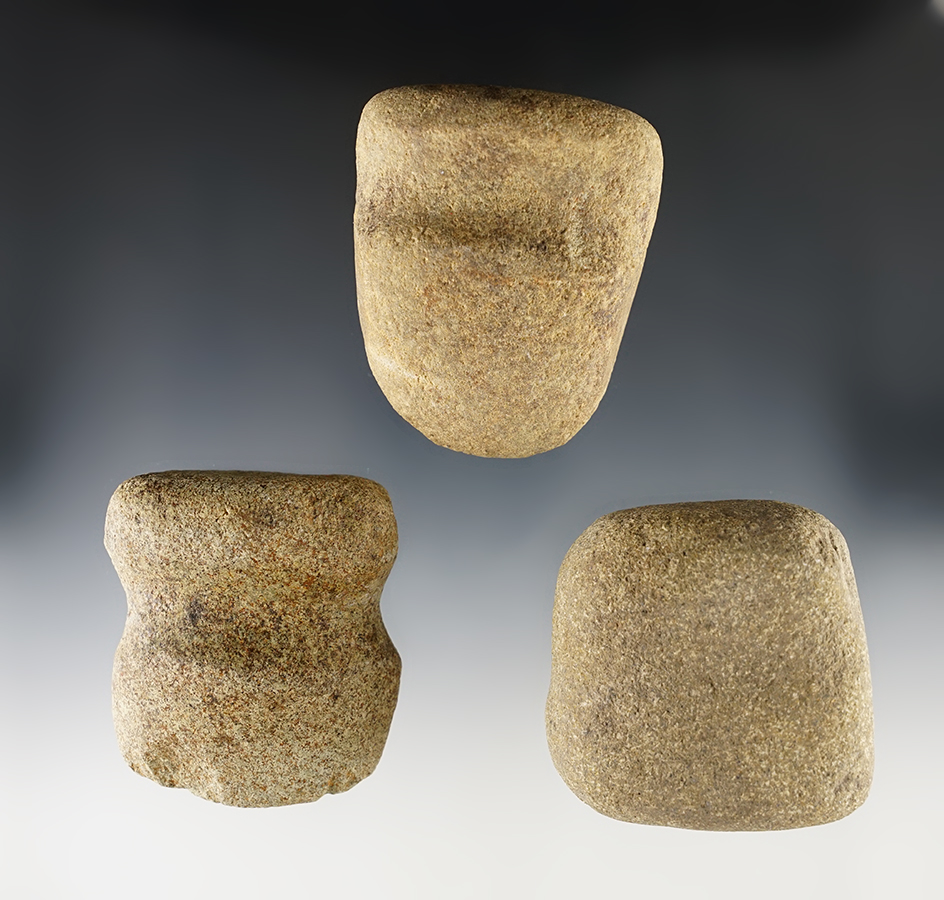 Set of 3 stone tools including 2 Hammerstones and one Axe. Ohio. The largest is 2 1/2".