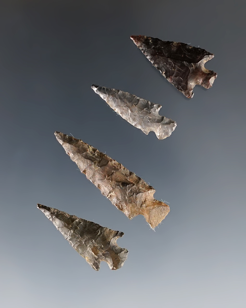 Set of 4 assorted Columbia River Gem Points, largest is 1 5/16". Ex. Gene Favell collection. 