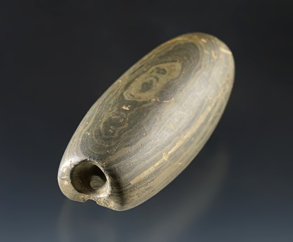 3 1/16" Classic Banded Slate Bar Amulet. Found in Posey Co., Indiana. Great example.