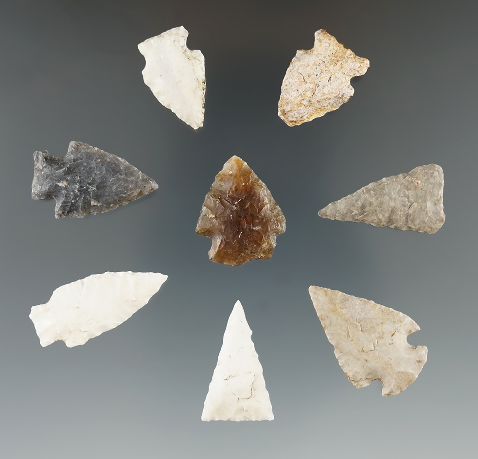 Set of 8 assorted arrowheads found in Eastern South Dakota, largest is 1 1/8".