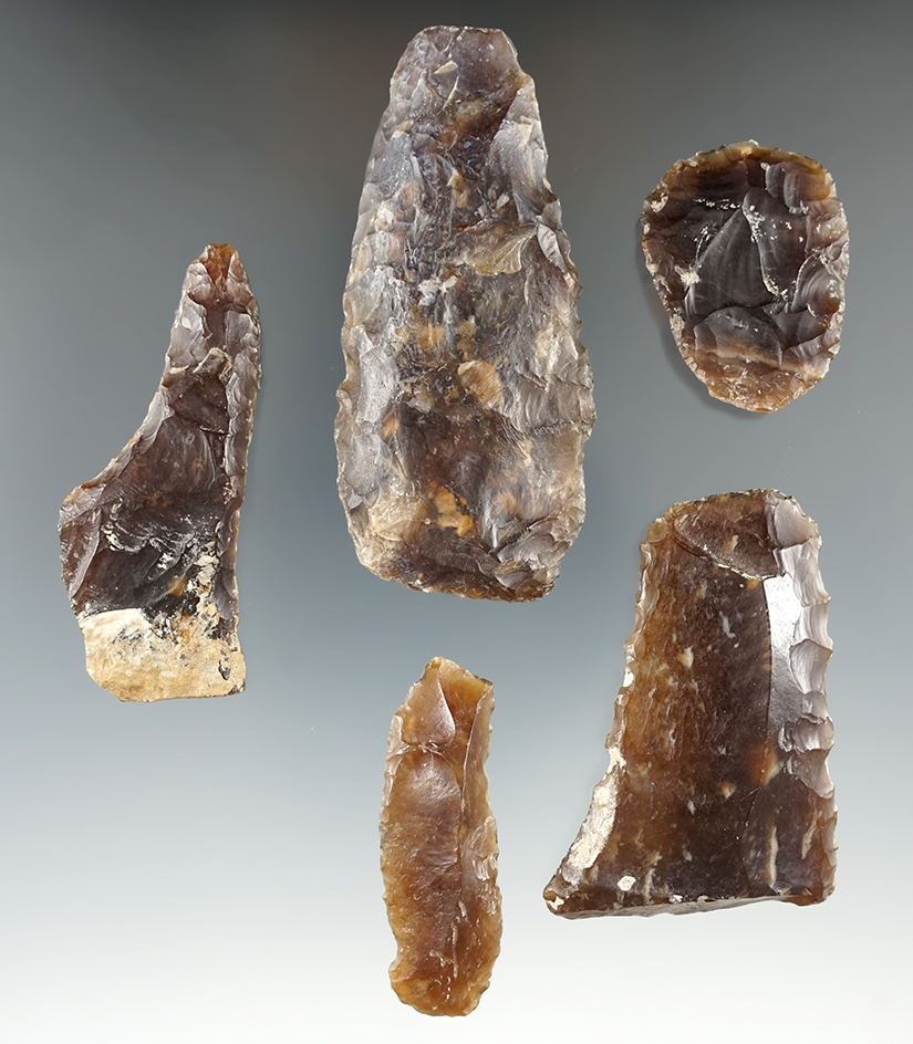 Set of five Knife River Flint tools found in Eastern South Dakota, largest is 2 7/8".