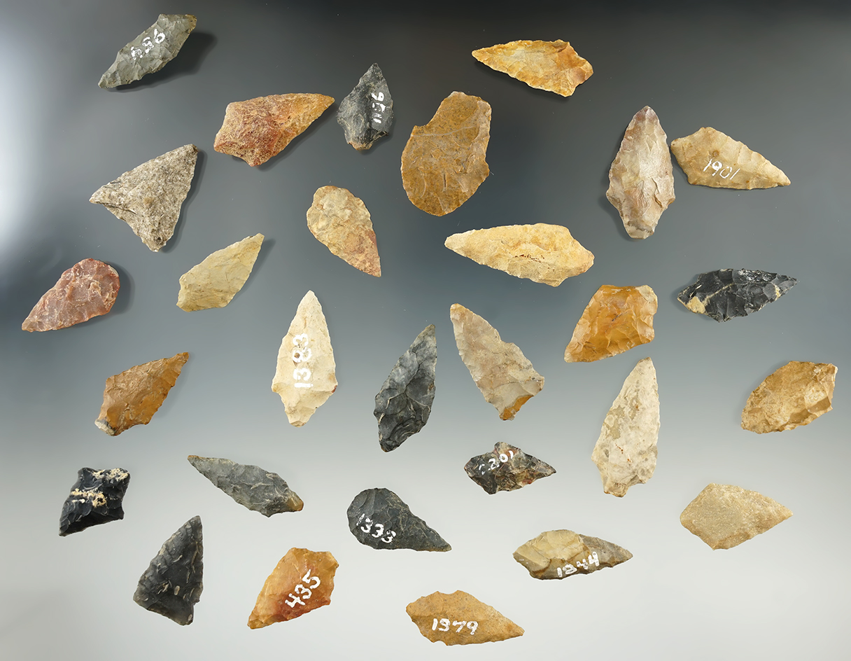 Group of 29 assorted New Jersey arrowheads, largest is 1 5/8".