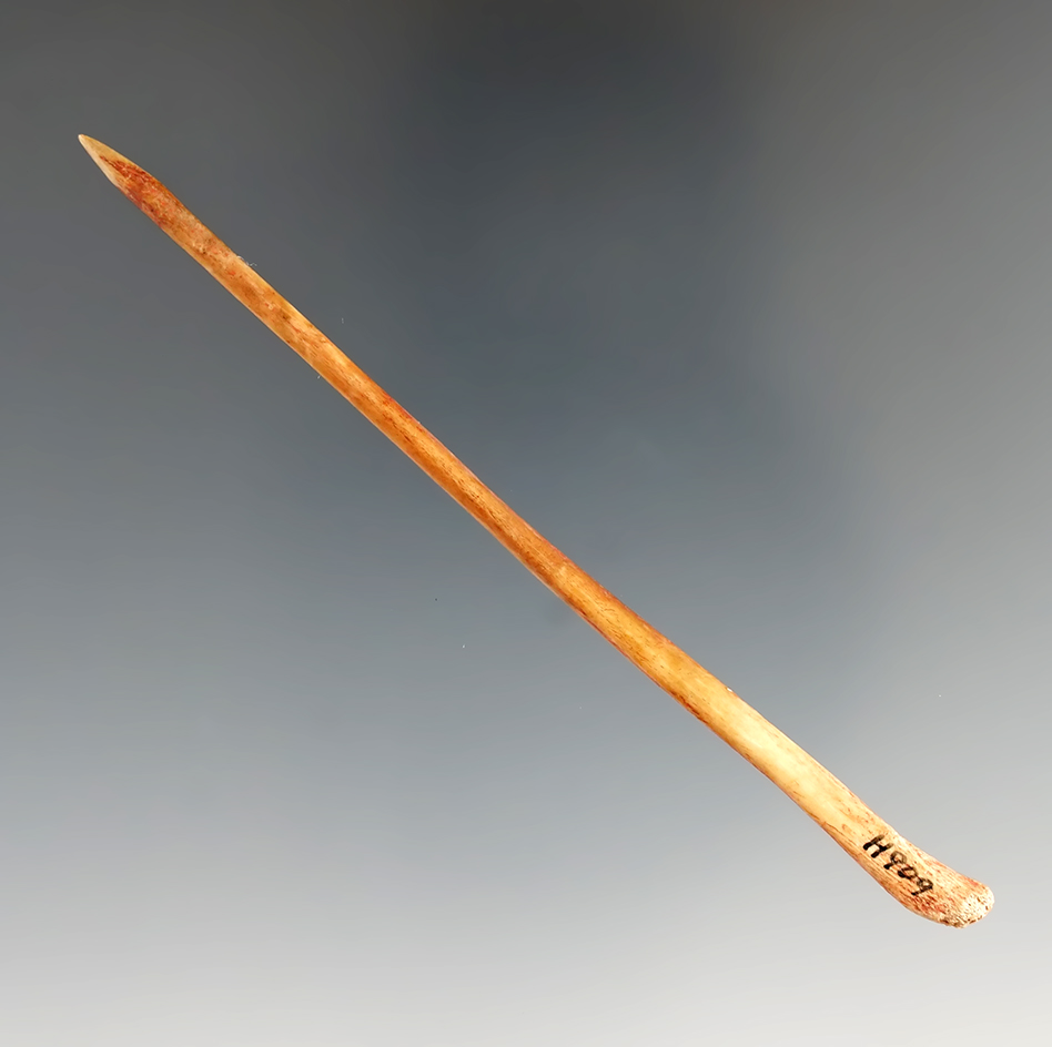 Very fine 3 7/8" delicate bone pin with red ocher stain in excellent condition. West Virginia.