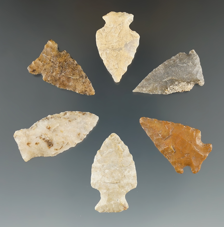 Set of six assorted arrowheads found in Eastern South Dakota, largest is 1 5/16".