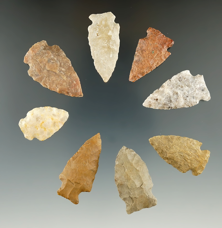 Set of 8 assorted arrowheads found in Eastern South Dakota, largest is 1 9/16".