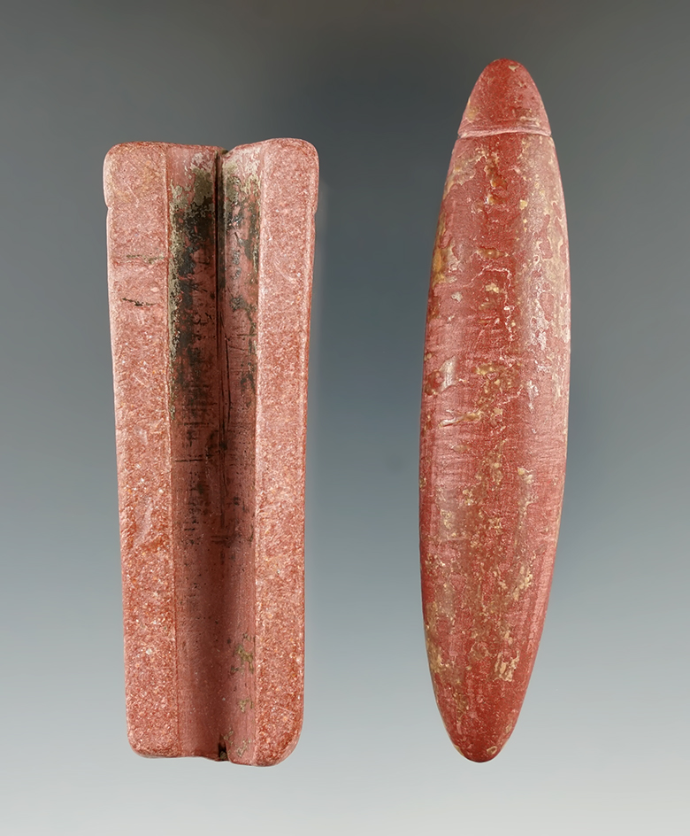 Pair of Catlinite artifacts including a section of pipe and a Catlinite grooved Pendant or plummet.