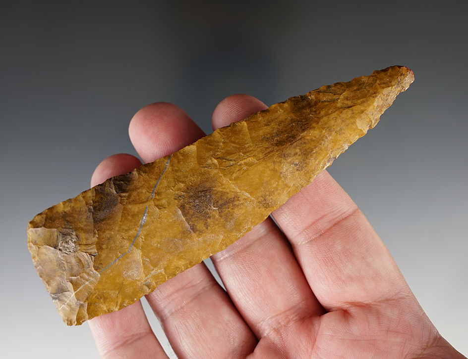 4 3/4" Meadowood knife, early Woodland. Made from attractive Pennsylvania Jasper.