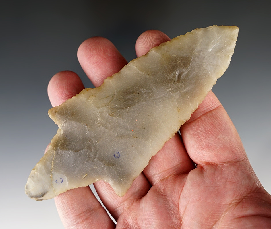 Large and nice 4 13/16" very thin Gary made from Novaculite. Found in Le Flore Co., Oklahoma.