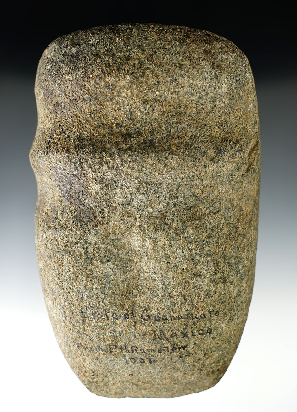 Unique! 6" Tall block style Double-Grooved Stone Axe found in 1937 in Guanajuato State, Mexico.