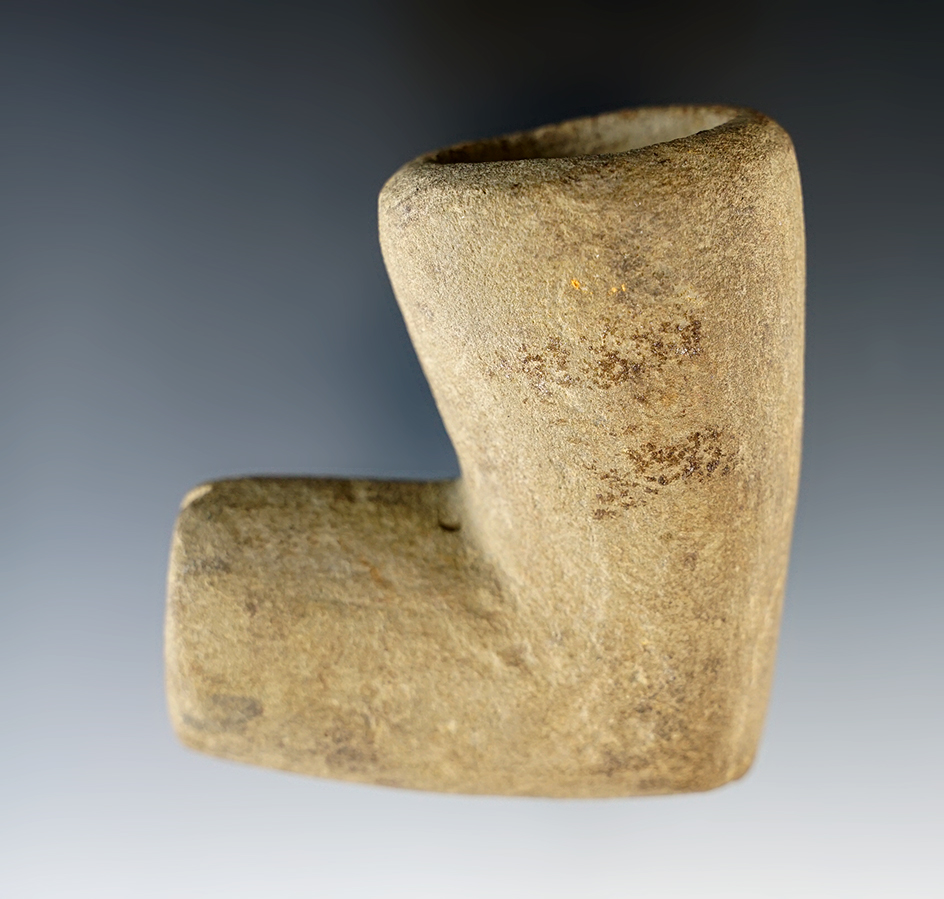 2 5/8" x 2 5/8" Well styled early stone pipe with fringed design at elbow. Found in New York.