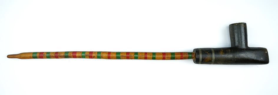PICTURED! 6" Lead inlay stone pipe with original 15 1/2" painted wood stem -  eastern U.S.