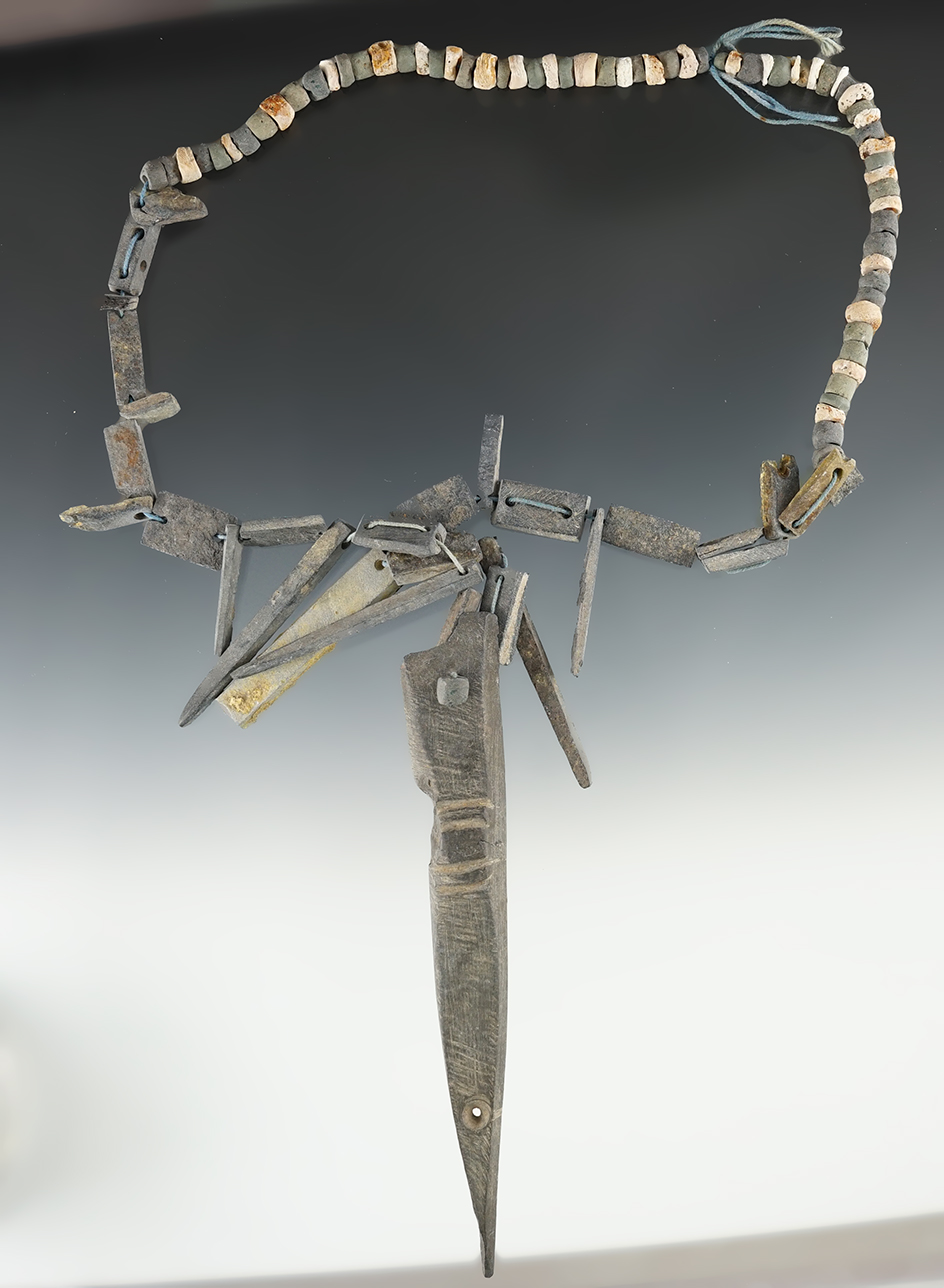 Very unique strand of drilled stone and shell beads & drilled shell ornaments. New Mexico.