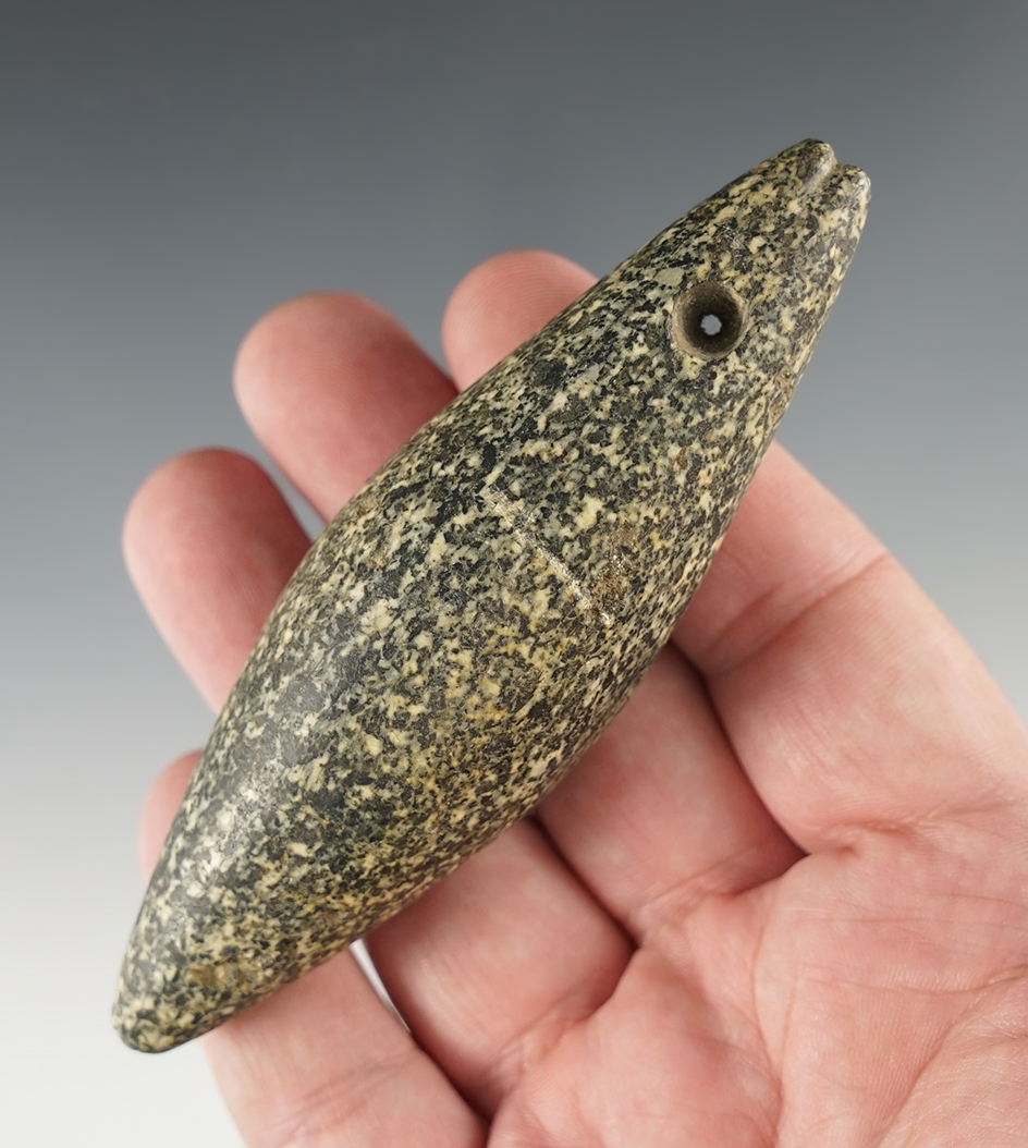 4 3/8" Drilled Charmstone made from Hardstone recovered in Colusa Co., California