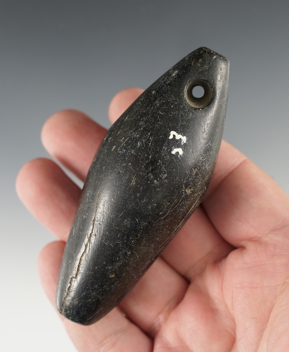 3 7/8" Highly polished drilled Charmstone recovered in Colusa Co., California, by Chris Ehrke.