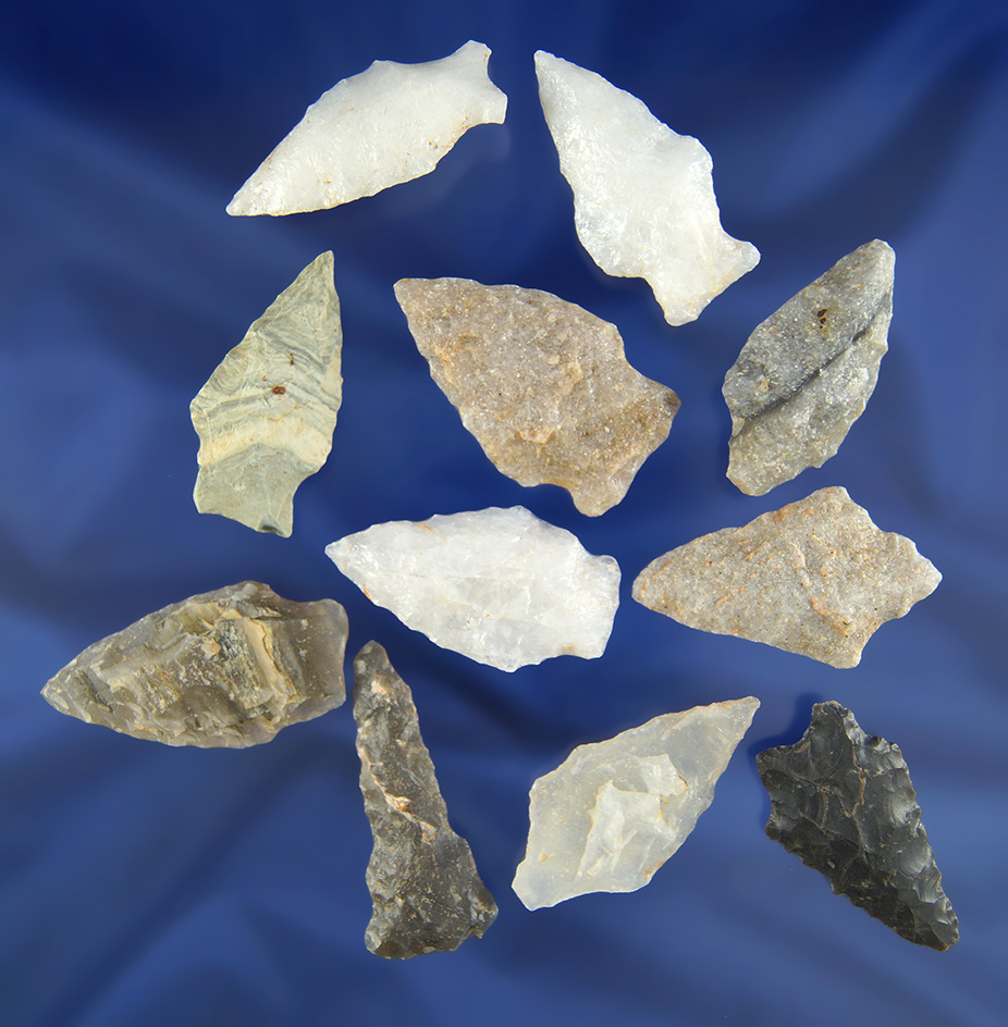 Set of 11 assorted Virginia Arrowheads, largest is 1 3/4".