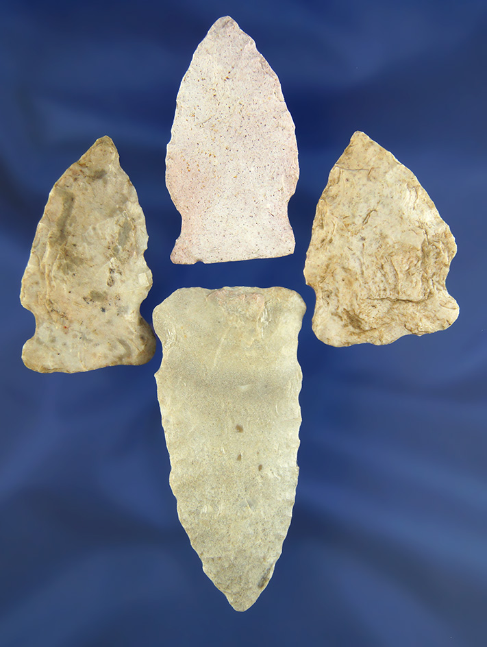 Set of four Rice Sidenotch points found in Missouri, largest is 2 5/8".
