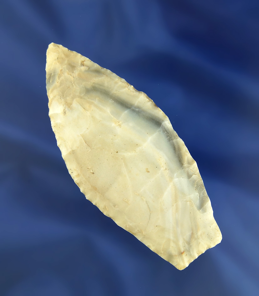 3 1/2" Agate Basin with heavily ground lower edges made from Mozarkite Flint - Miller Co.,  MO.