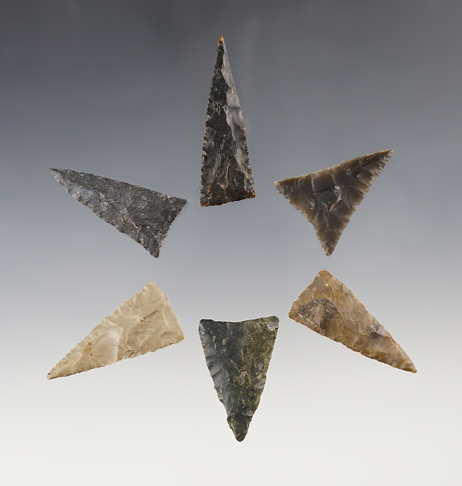 Set of 6 nicely made Triangle Points found in the Kentucky/Tennessee area. The largest is 1 3/4".
