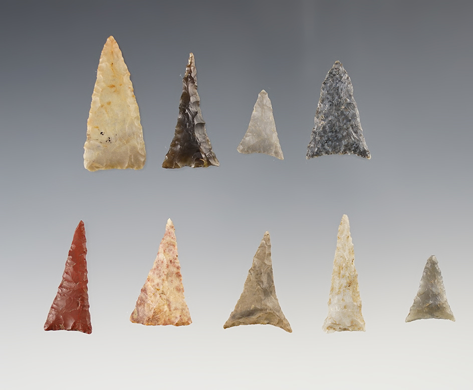 Set of 9 nice Triangle Points found in the Kentucky/Tennessee area. The largest is 1 7/16".