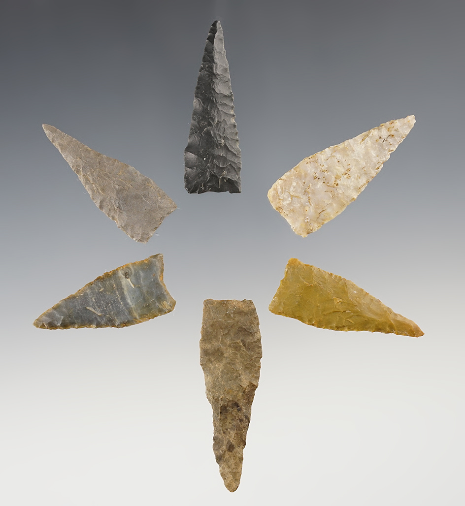 Set of 6 fine Triangle Points found in the Kentucky/Tennessee area. The largest is 1 15/16".