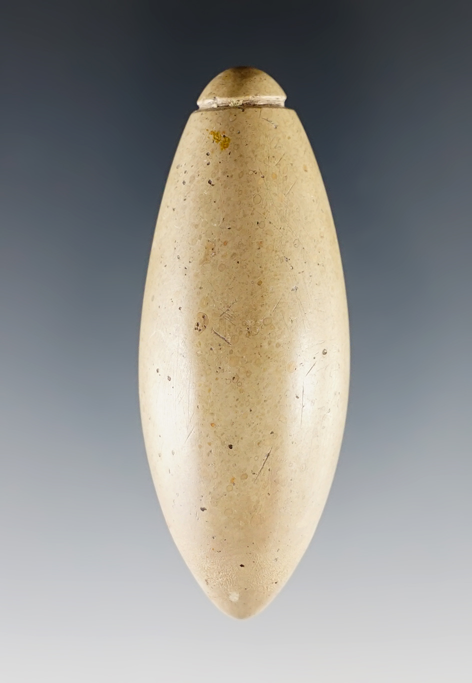 2 11/16" Ohio Plummet - patinated Pipestone. The tip has been professionally restored.