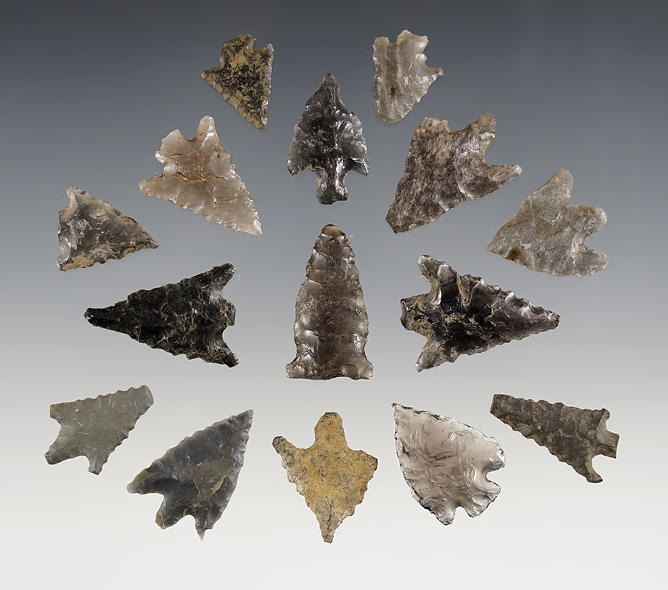 Large group of 15 assorted Obsidian Arrowheads - California & Oregon. C.L. Pugh Museum.