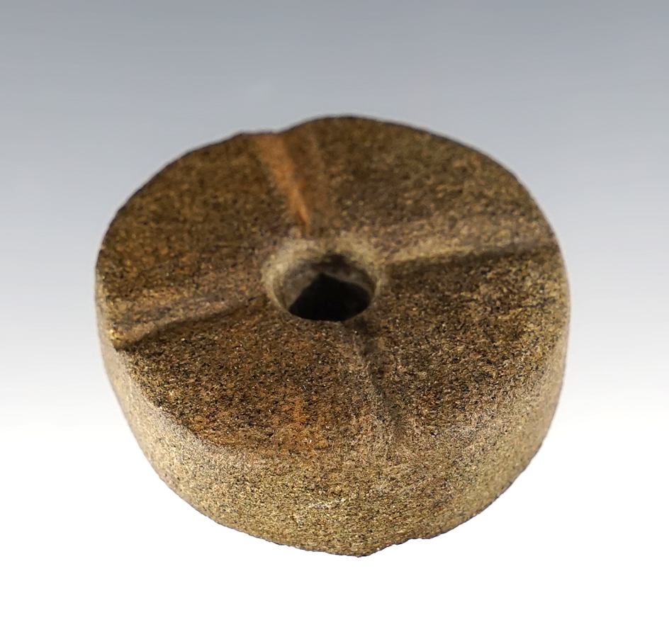 1 1/2". Drilled and engraved Sandstone Disk recovered in Sacramento Valley, California.