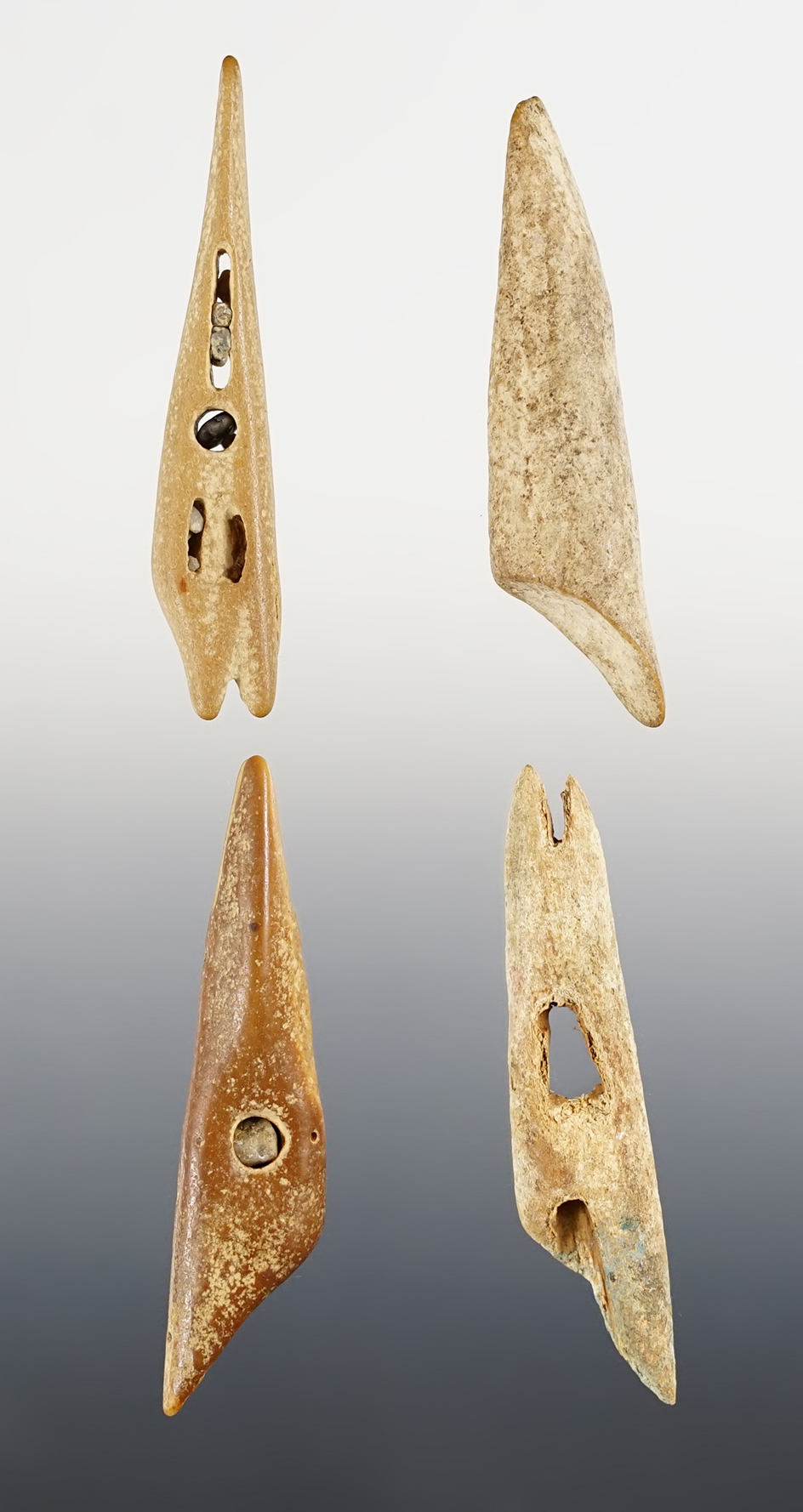 Set of 4 nice Inuit Harpoon Toggles found in Alaska. The largest is 2 7/8".