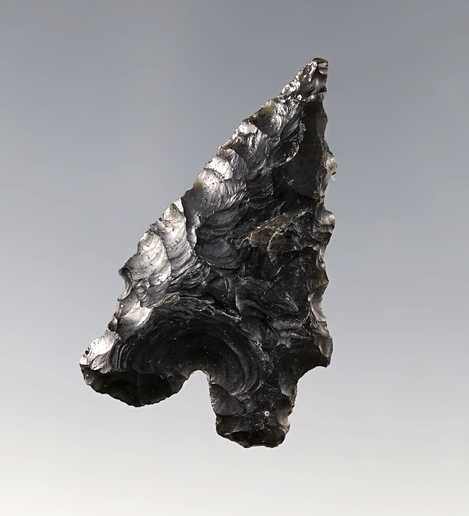 1 1/2" Obsidian Point with a bifurcated base. Found close to Tulelake, California, 1950's.