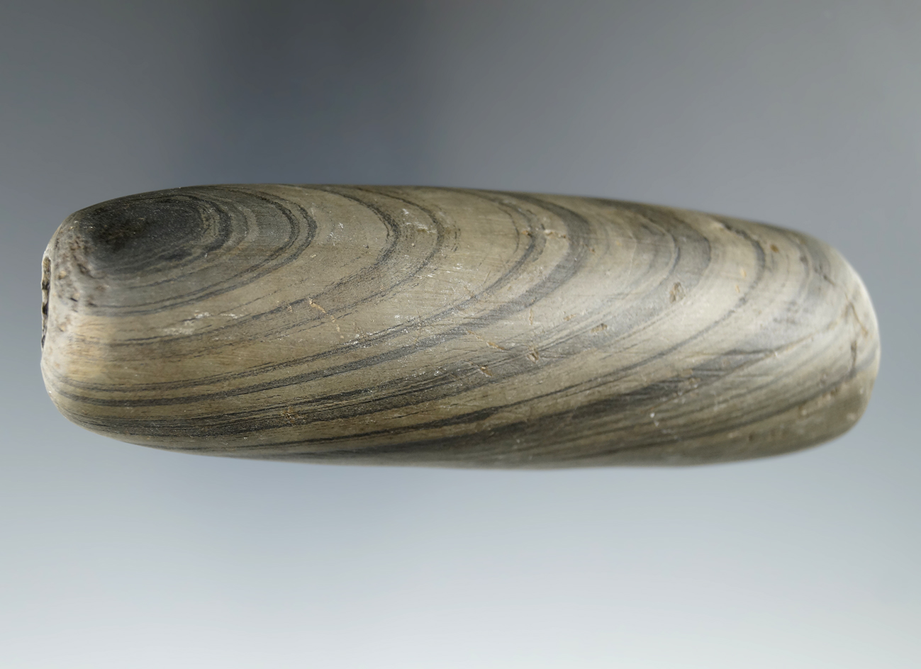 4 1/16" Archaic Fluted Tubular Bannerstone, Van Wert Co., Ohio. Ex. Lewis Garman Collection.