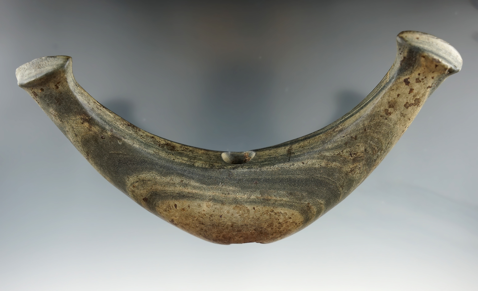 5 15/16" Archaic Knobbed Crescent found in Whitley Co., Indiana. Pictured. Ex. Bunch, Townsend.