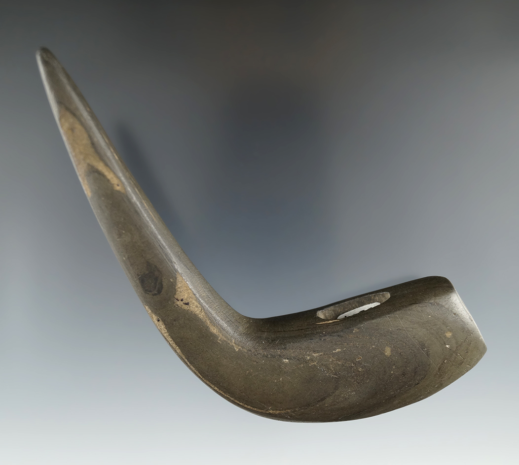 4 3/4" Archaic Geniculate made from green and black Banded Slate, Northwest Ohio. Pictured.