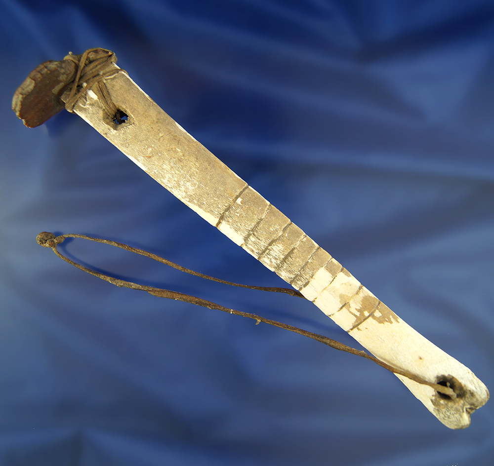 Rare! very hard to find intact artifact.  Bone handle, original Flint scraper with original sinew