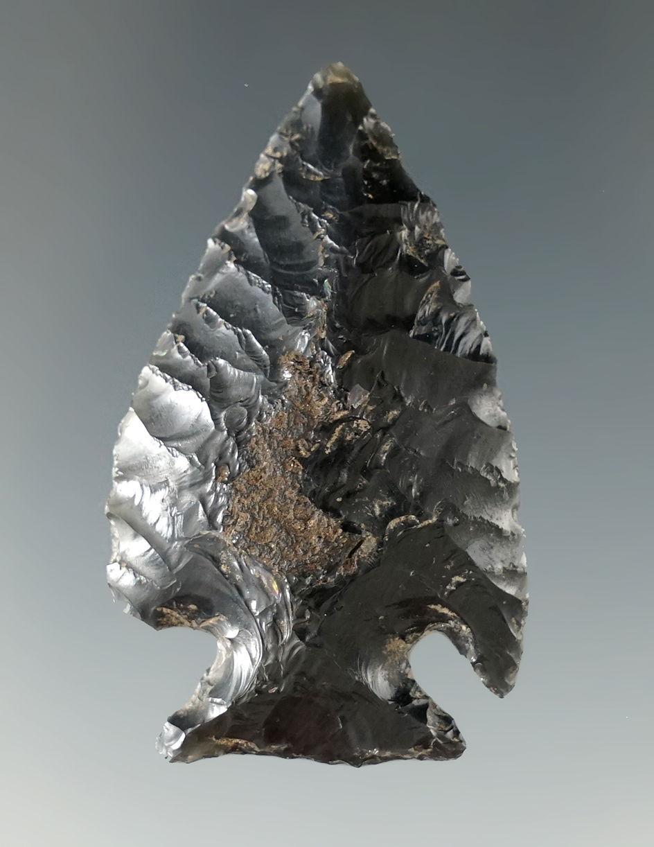 1 13/16" obsidian Elko Cornernotch found in Northern California. Ex. Bill Ransom collection.