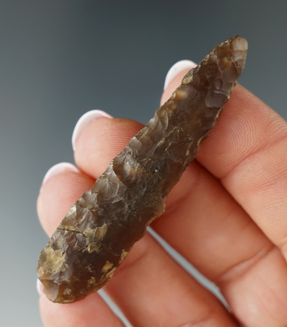 2 3/8" Knife River Flint Drill that is nicely patinated found in Eastern South Dakota.