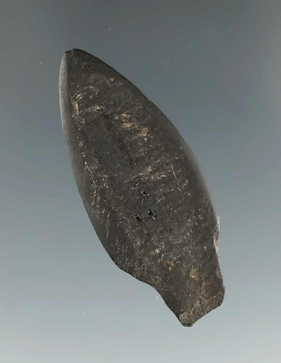 Very thin and nicely made 1 11/16" ground and polished Inuit slate point found in Alaska.