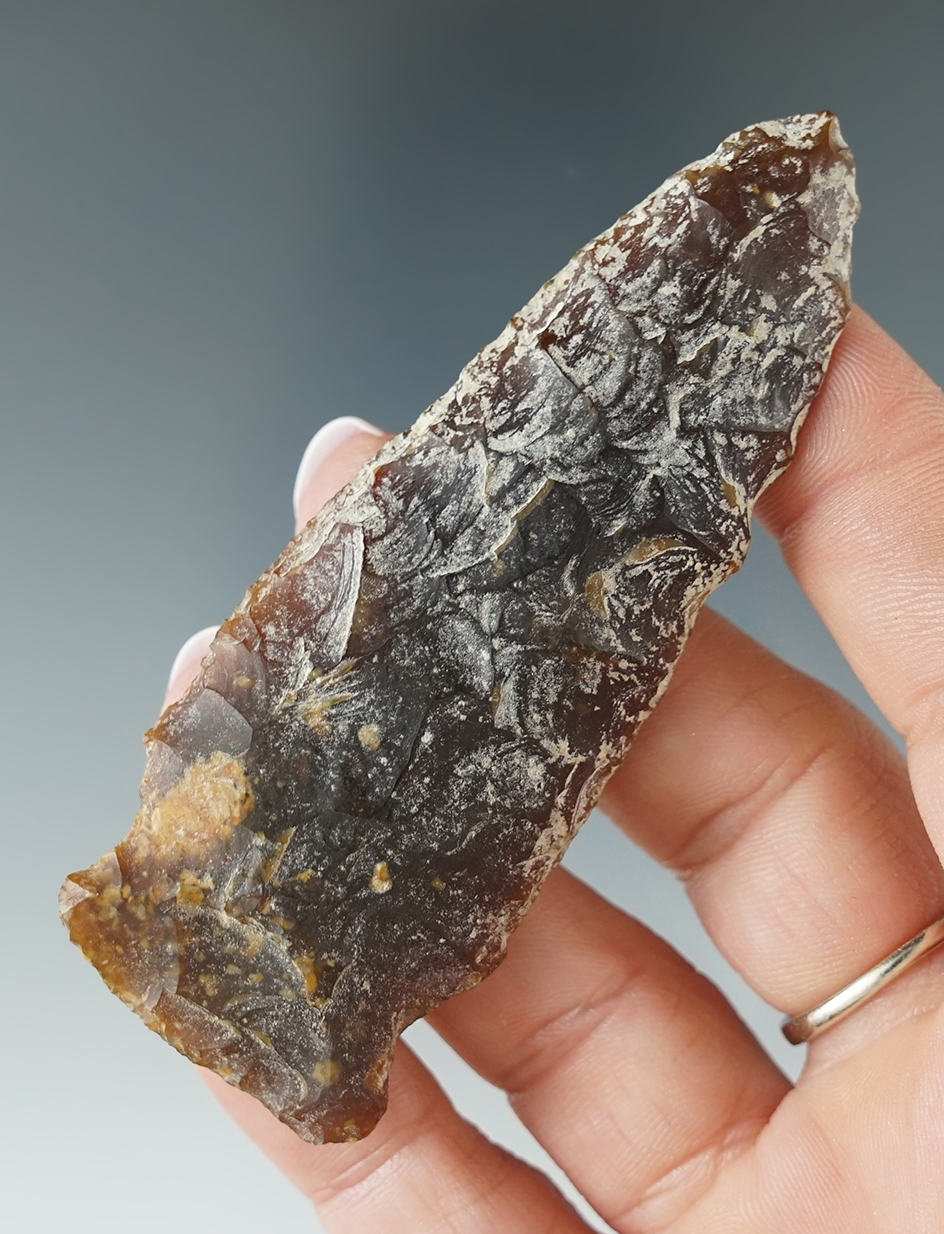 3 5/16" heavily patinated Knife River Flint Knife found in Eastern South Dakota.