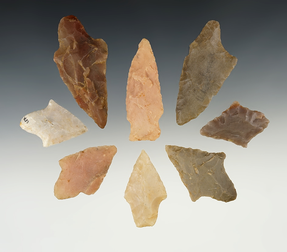 Set of 8 Nice Arkansas points made from Novaculite. The largest is 3".